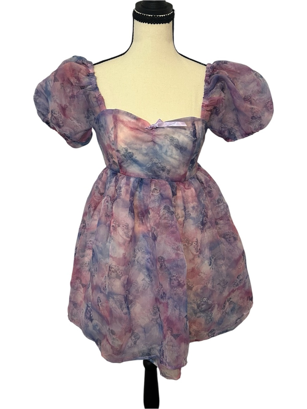 NEW Sugar Thrillz On Cloud Nine Babydoll Dress Cherub Print Organza Sz XS Puff